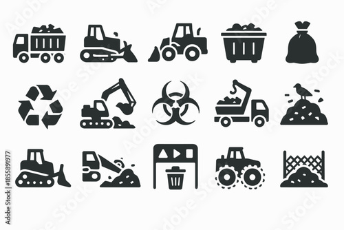 Industrial icons collection: construction equipment and waste management symbols