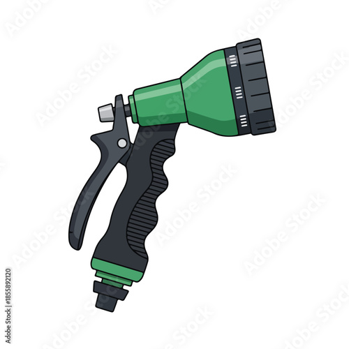 A green and black garden hose nozzle with a handle and spray nozzle on a white background.