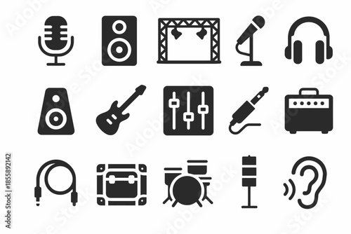 Set of audio and music equipment icons including microphone, speaker, and headphones
