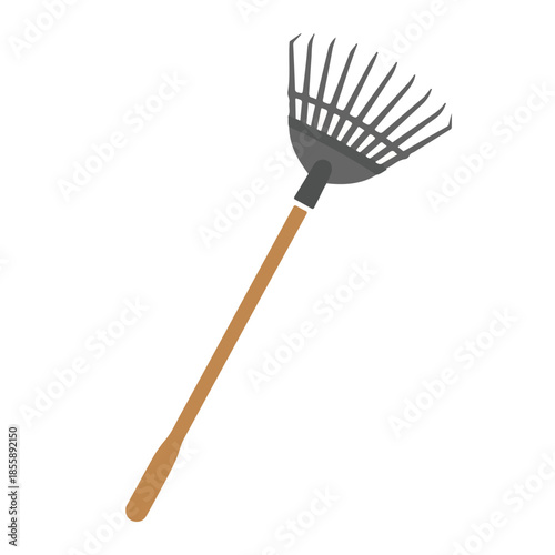 A garden rake with a wooden handle and metal tines on a plain white background, showcasing common garden tools.