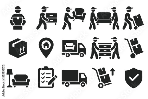 Icons of moving service workers with furniture and transport vehicles
