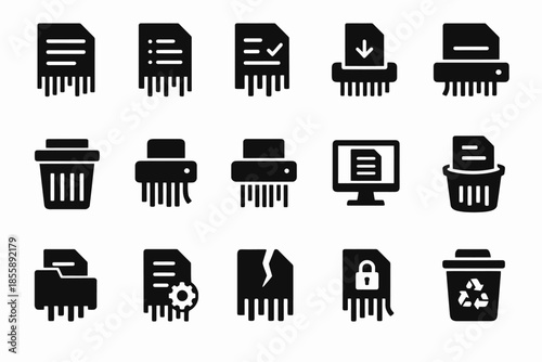 Document shredding and data security icon set with trash and lock symbols