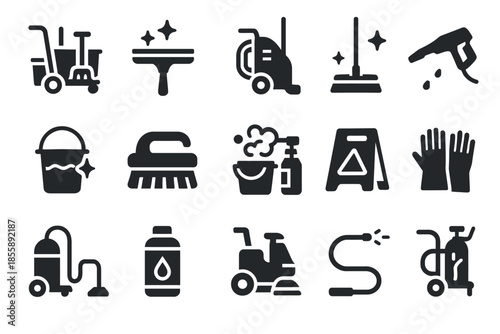 Collection of cleaning equipment icons including vacuum, mop, and spray bottle