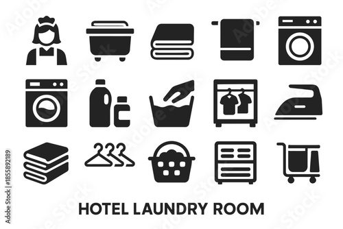 Hotel laundry room icons set: washing, ironing, towel, cart, detergent, basket