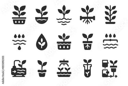 Hydroponic plant icons: watering methods and growth stages in minimalist design