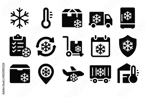 Cold chain logistics icons: temperature control, transport, and storage symbols