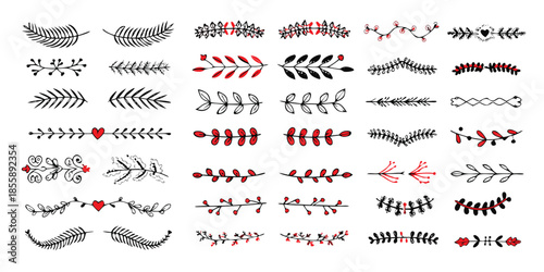 Christmas dividers set. Hand drawn ornamental winter holiday text decor border, Xmas floral underline, ornamental wedding card doodle separator with fir and holly branches. Vector isolated set