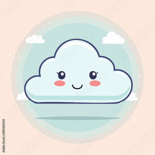 Cute cartoon cloud with a happy face and rosy cheeks on a pastel background.