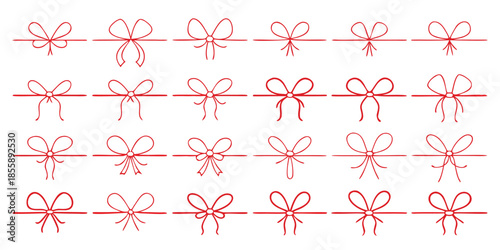 Doodle gift bow. Simple doodle red bows with string and knot for present. Minimalist line art vector for Christmas celebration and coquette holiday decoration, birthday party or festive package