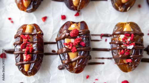 Chocolate drizzled stuffed dates with peanut butter and freeze-dried berries, date snickers recipe, sweet and salty no bake dessert, healthy snack idea, gourmet natural treat, trendy food styling