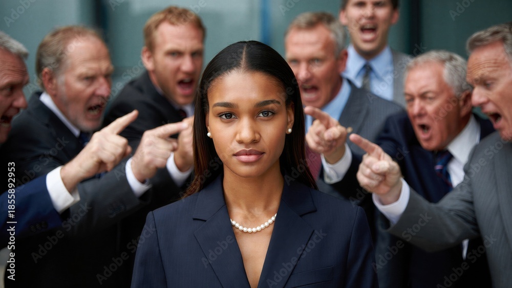 Fototapeta premium Confident professional woman standing calm among angry arguing men, symbolizing leadership strength, emotional intelligence, resilience, workplace conflict management, pressure resistance