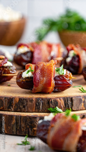 Stuffed date filled with creamy cheese wrapped in crispy bacon and finished with fresh herbs, served on a rustic wooden surface as an elegant savory appetizer combining sweetness, saltiness
