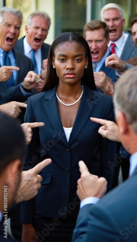 Confident professional woman standing calm under intense pressure as colleagues shout around her, symbolizing resilience, leadership, courage, dignity, and strength in a hostile corporate environment