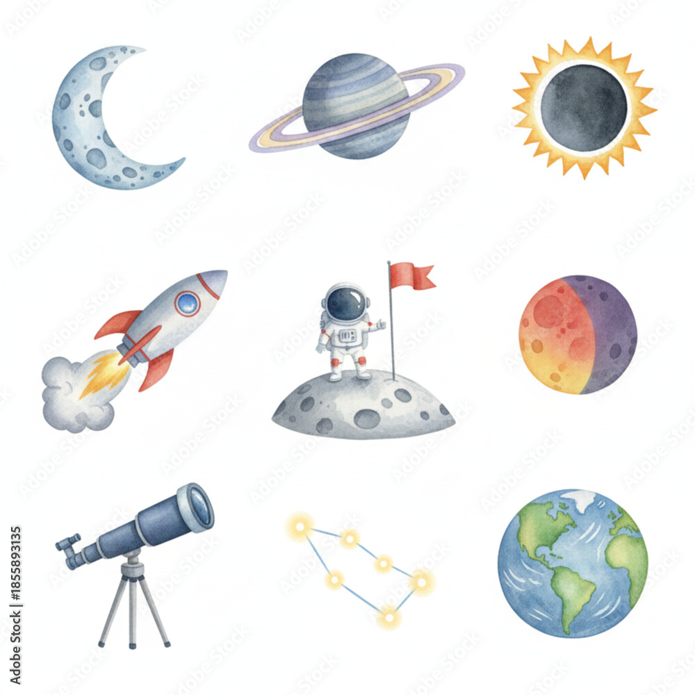 Naklejka premium Watercolor Space Clipart Set – Cute Astronaut, Rocket, Planets, Moon, Earth and Telescope Vector Illustration