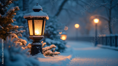 Winter Wonderland: Snow-Covered Lanterns Illuminating a Serene Pathway