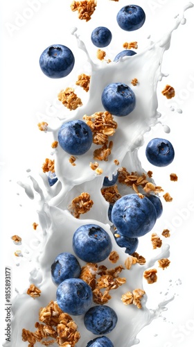 Blueberries and granola splash in white yogurt during breakfast time on a bright day in a kitchen setting