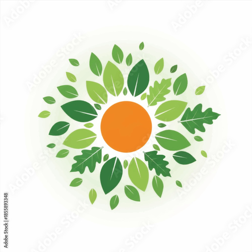 Vibrant botanical illustration of a sun surrounded by lush green leaves.