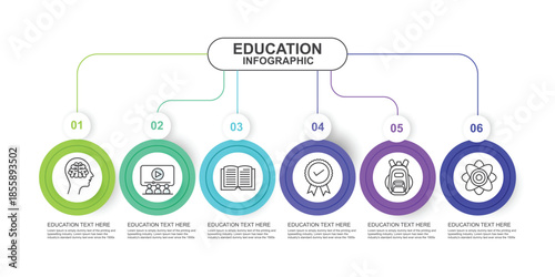 Education circle timeline infographic template with 6 steps. Workflow Layout with line Icons