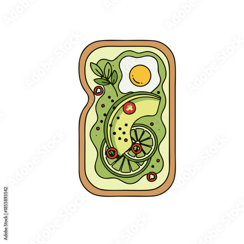Healthy food vector illustration showing healthy avocado toast with fried egg and lime slices for breakfast menu design