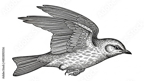 Bird in flight with spread wings and spotted feathers flying right