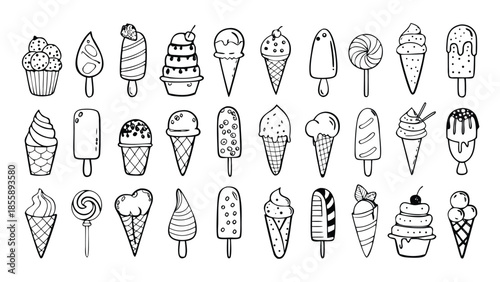 Sketch ice cream. Doodle frozen gelato dessert, eskimo and ice-cream in waffle cone, sundae scoops. Hand drawn vintage menu elements. Vector isolated set

