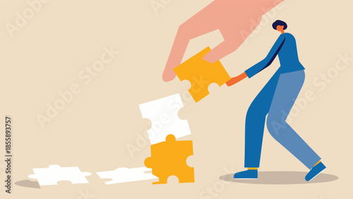 Flat illustration of a person in blue assembling puzzle pieces with giant hand helping, symbolizing teamwork and collaboration in a beige