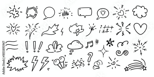 Doodle weather icons with hand draw cute sun and cloud. Sketchy line art rain and snow with scribble rainbow and storm. Outline vector signs thermometer and windy, sunny in kid drawn style
