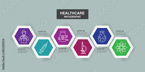  Healthcare and Medicine timeline Infographic Design Template with Icons and 6 Options