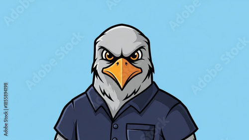 Cartoon angry eagle wearing blue collared shirt on light blue background