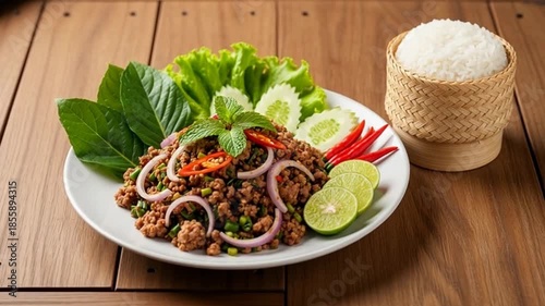 Spicy thai minced pork salad larb moo