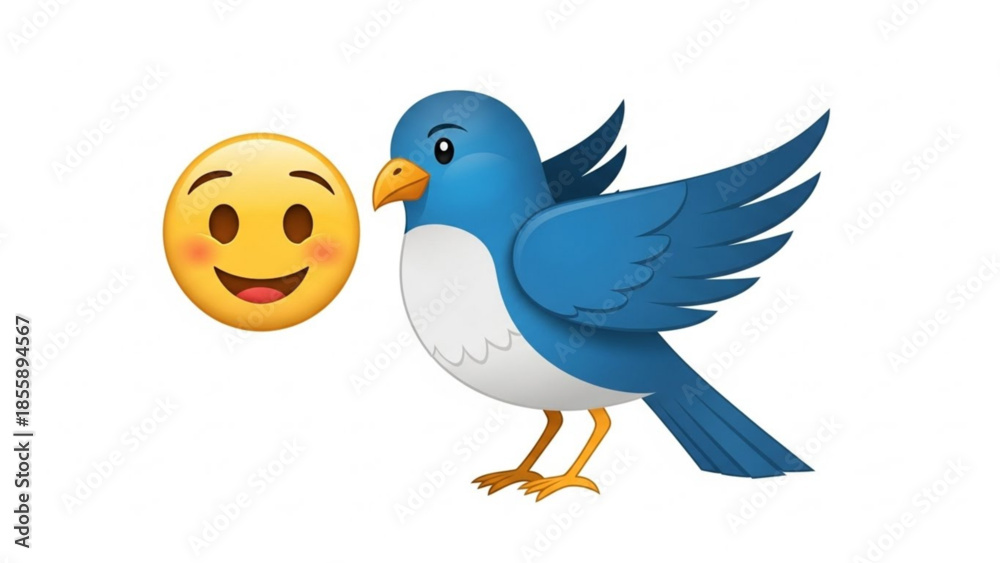 Fototapeta premium Smiling blue bird with emoji face, cheerful animal illustration, digital art style