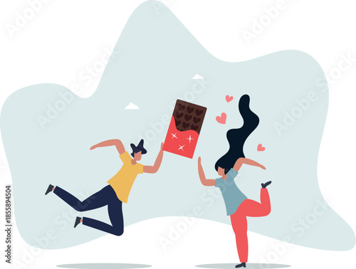 A man gives his woman a chocolate bar with a heart-shaped pattern.