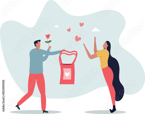 A man gives a flower and a gift bag. February holiday concept.