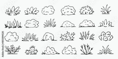 Grass and bush outline tree doodle for lawn vector cute landscape with hand drawn plant and minimal silhouette. Greenery line art for jungle, park and garden. Cartoon sketch and scribble vector set