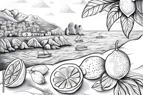 Coastal Scene with Lemons: A charming coastal scene depicts lemons resting amidst an Italian seaside landscape. The image exudes a sense of tranquility and a hint of the Mediterranean charm. 
