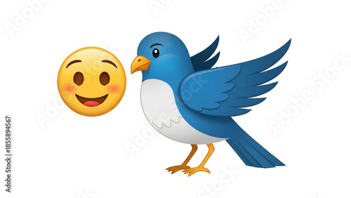 Smiling blue bird with emoji face, cheerful animal illustration, digital art style