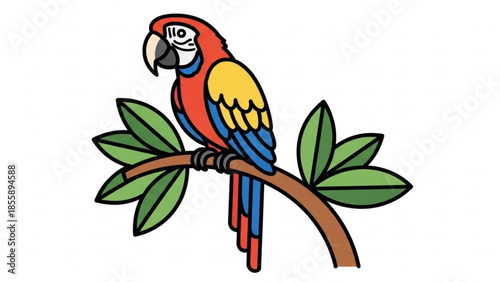 Vibrant colorful parrot perched on branch with green leaves, tropical bird illustration