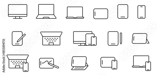 スマホとノートパソコンとデスクトップのデバイスの編集可能なラインアイコン