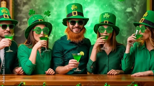 Friends celebrating saint patrick's day toasting with green drinks