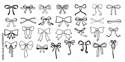 Whimsical bow. Doodle ribbon tied bows for wedding and birthday invitation, Valentines card in vintage coquette style. Romantic retro sketch elements. Vector isolated set