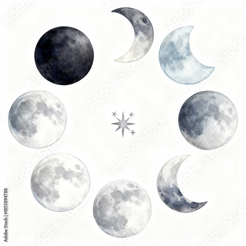 Watercolor Moon Phases and Lunar Cycle Astronomy Set