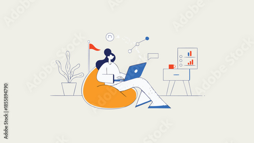 Woman sitting on bean bag chair working on laptop with plant and desk in background, illustrating remote work or study concept with modern