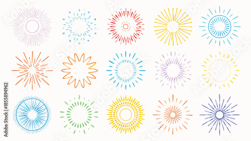 Line firecrackers. Colorful radial firework linear sun icons, circular fireworks starburst explosion with sparkles. Vibrant festive decoration, celebration design, overlay effect. Simple vector set