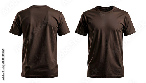 Two plain, brown t-shirts, front and back view, against a black background