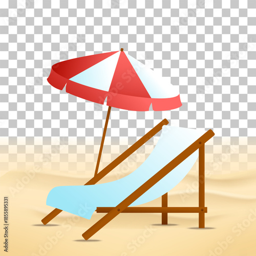 Beach umbrella next to a wooden lounge chair with a blue towel on sand, against a transparent background.