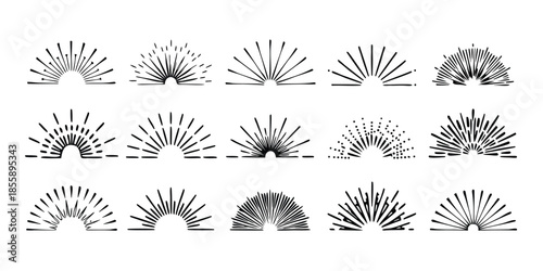 Vintage starburst. Sunburst shapes, bursting sun rays, sunshine. Radial fireworks burst, sunset and sunrise, star beams, sparkle elements. Vector classic boho logo line set