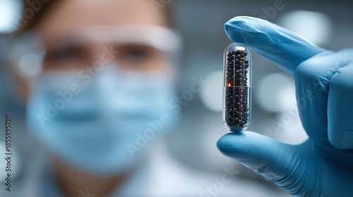 Scientist in Protective Gear Holds Capsule with Microscopic Spheres and a Red Glow
