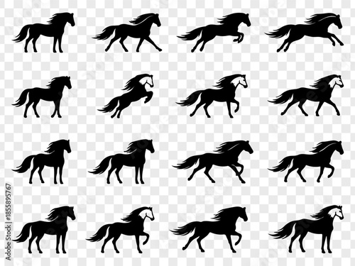 Minimalist vector illustration featuring a large collection of black horse silhouettes in diverse poses, including standing, walking, resting, and mare-with-foal scenes. Clean solid shapes with smooth