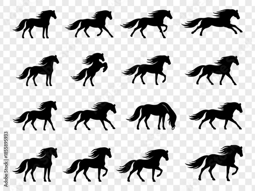 Minimalist vector illustration featuring a large collection of black horse silhouettes in diverse poses, including standing, walking, resting, and mare-with-foal scenes. Clean solid shapes with smooth