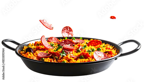 Vibrant paella dish in a black pan, ingredients like sausage falling from above